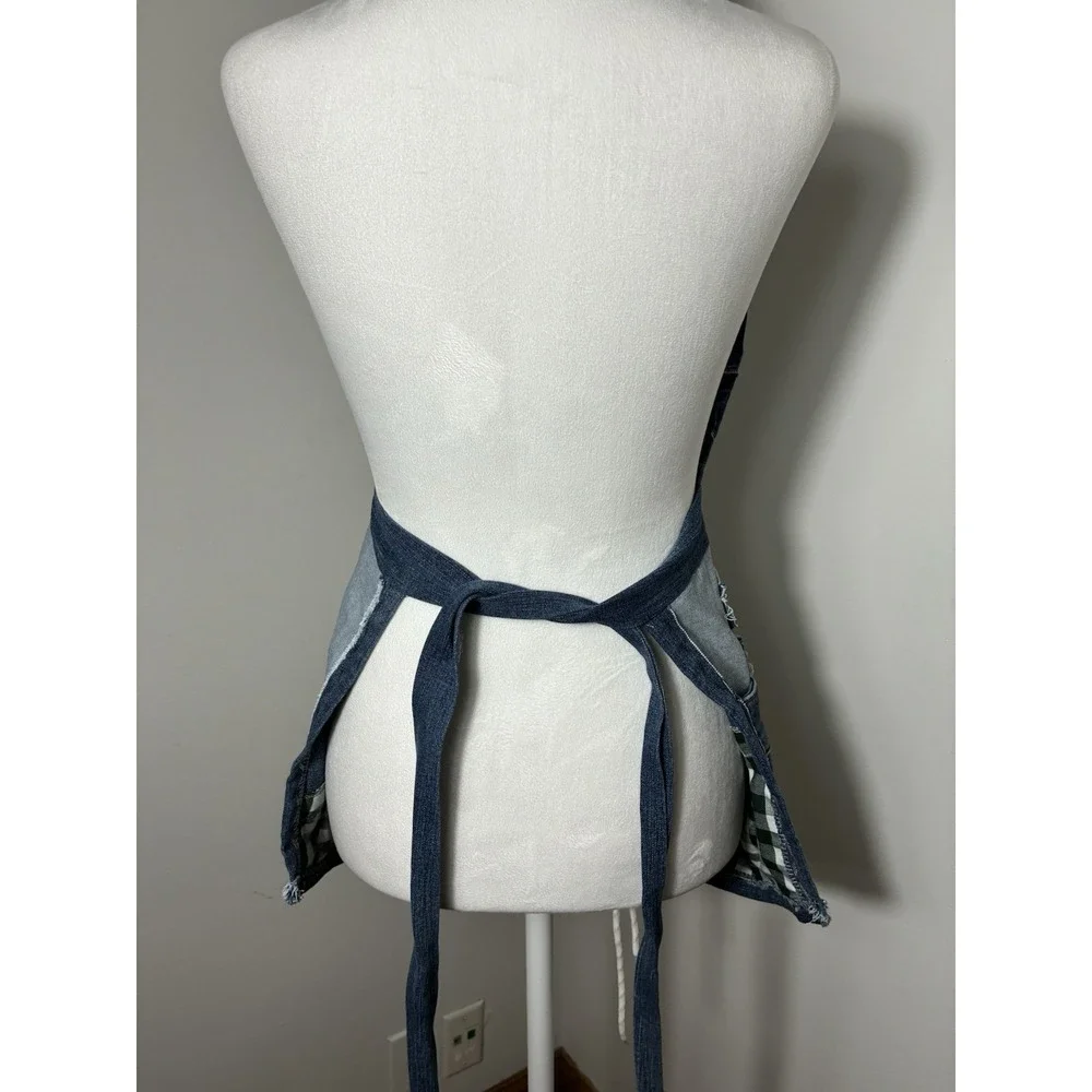 Handmade Recycled Denim Apron Blue OS Boho Tie Back Ajustable‎ Neck Strap